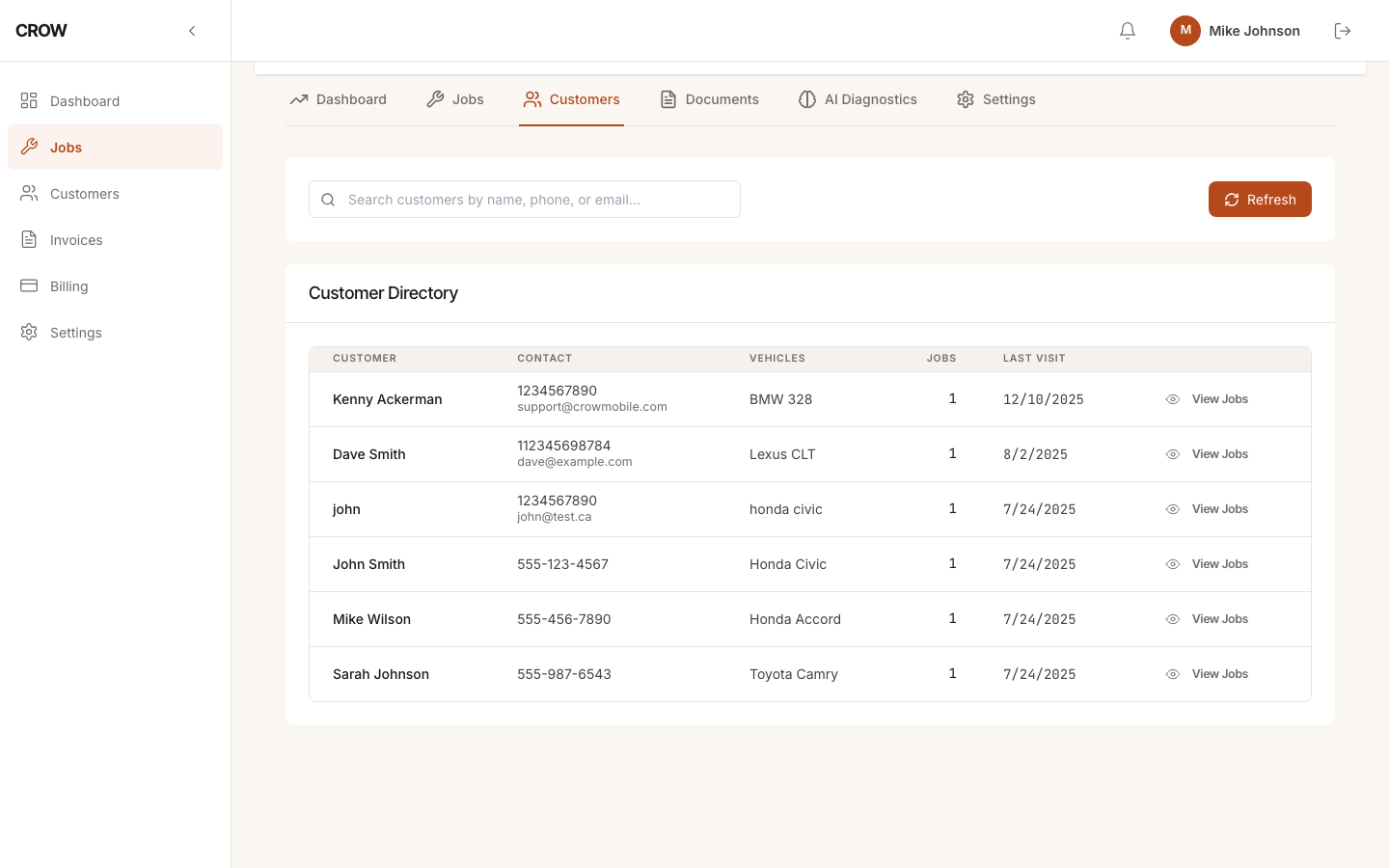 CROW customer directory listing customers with contact info, vehicles on file, job count, and last visit date
