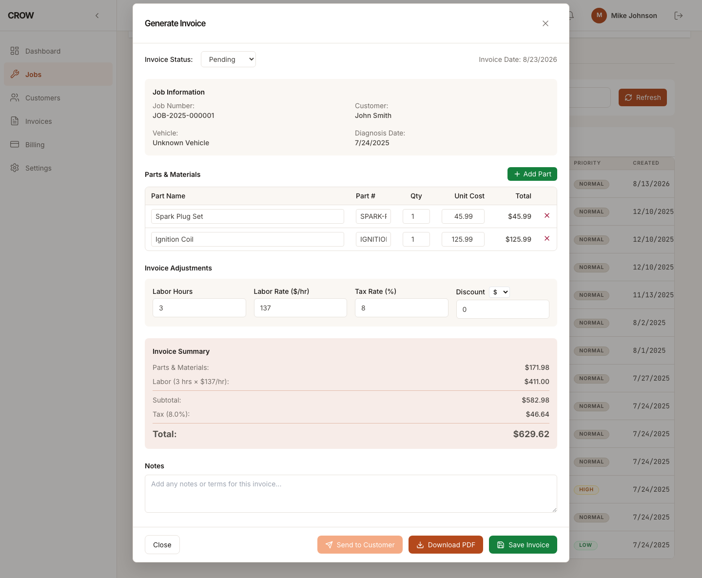 CROW invoice builder showing a job's parts line items, labor hours and rate, tax, and calculated total, ready to send to the customer